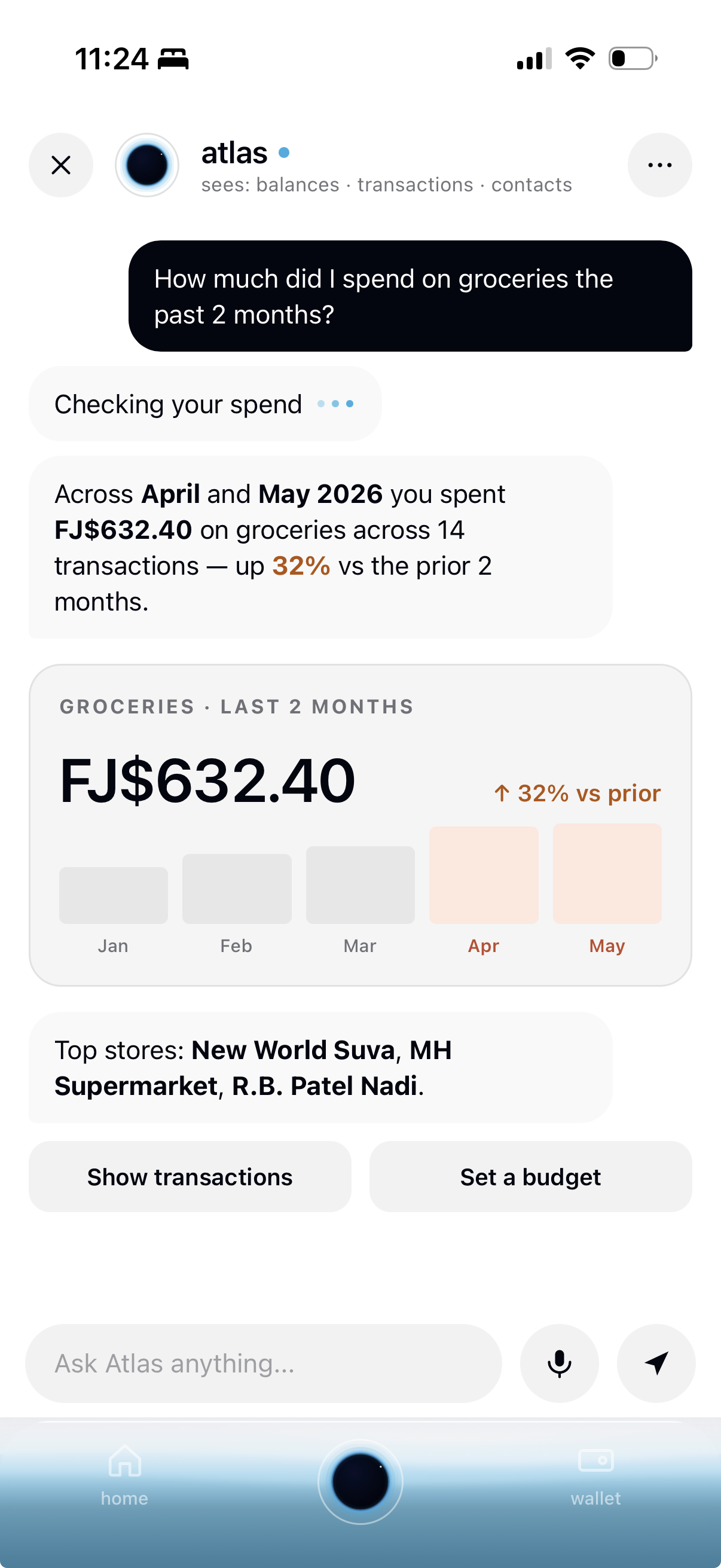 Atlas answering a spend question in the wallet
